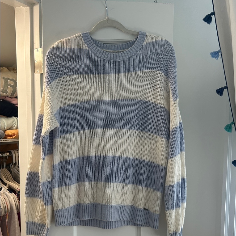 Hollister Blue and Cream Striped Crewneck Sweater